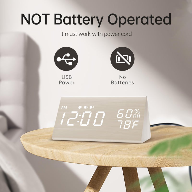 Jall ساعة منبه رقمية، مع شاشة عرض زمنية LED إلكترونية خشبية، 3 إعدادات للمنبه، كشف الرطوبة ودرجة الحرارة، ساعات كهربائية مصنوعة من الخشب لغرفة النوم، بجانب السرير (أبيض) - Image 3